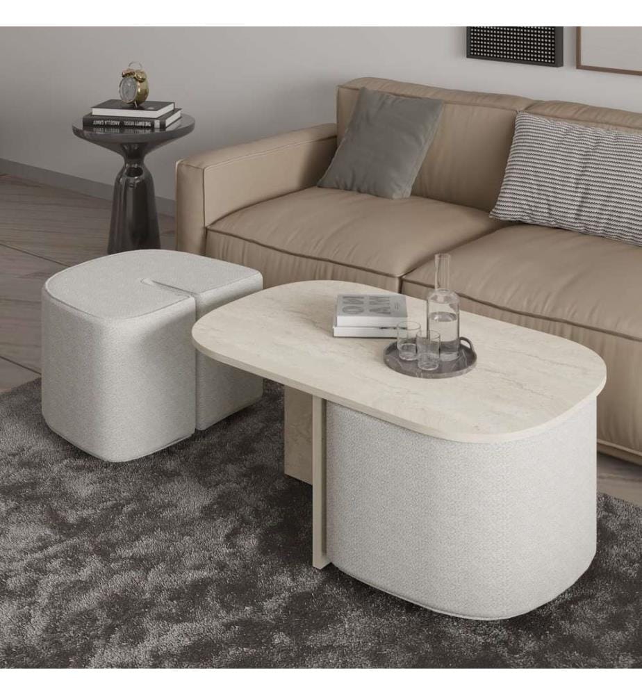 Ensemble table basse, panneau de particules 100 % mélaminé, travertin