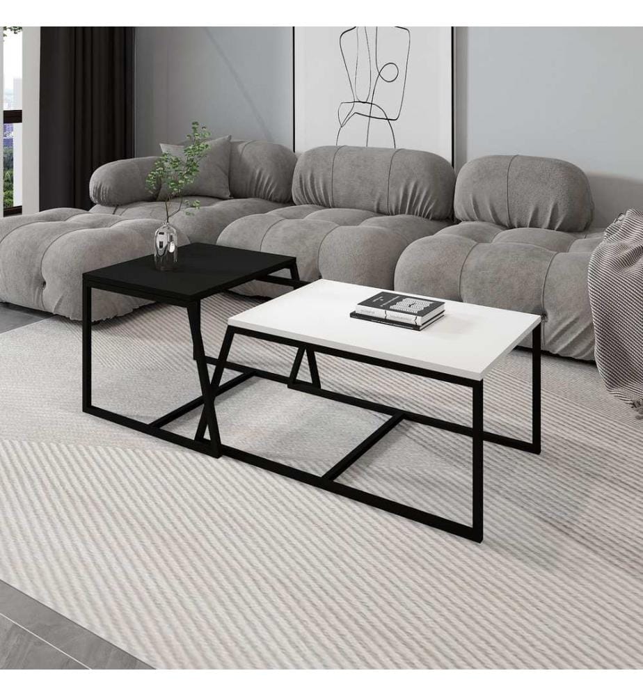 Ensemble table basse, panneau de particules 100 % mélaminé, blanc et noir