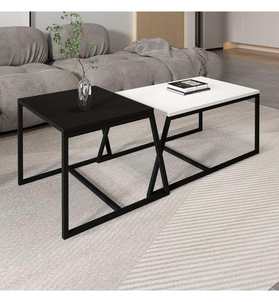 Ensemble table basse, panneau de particules 100 % mélaminé, blanc et noir
