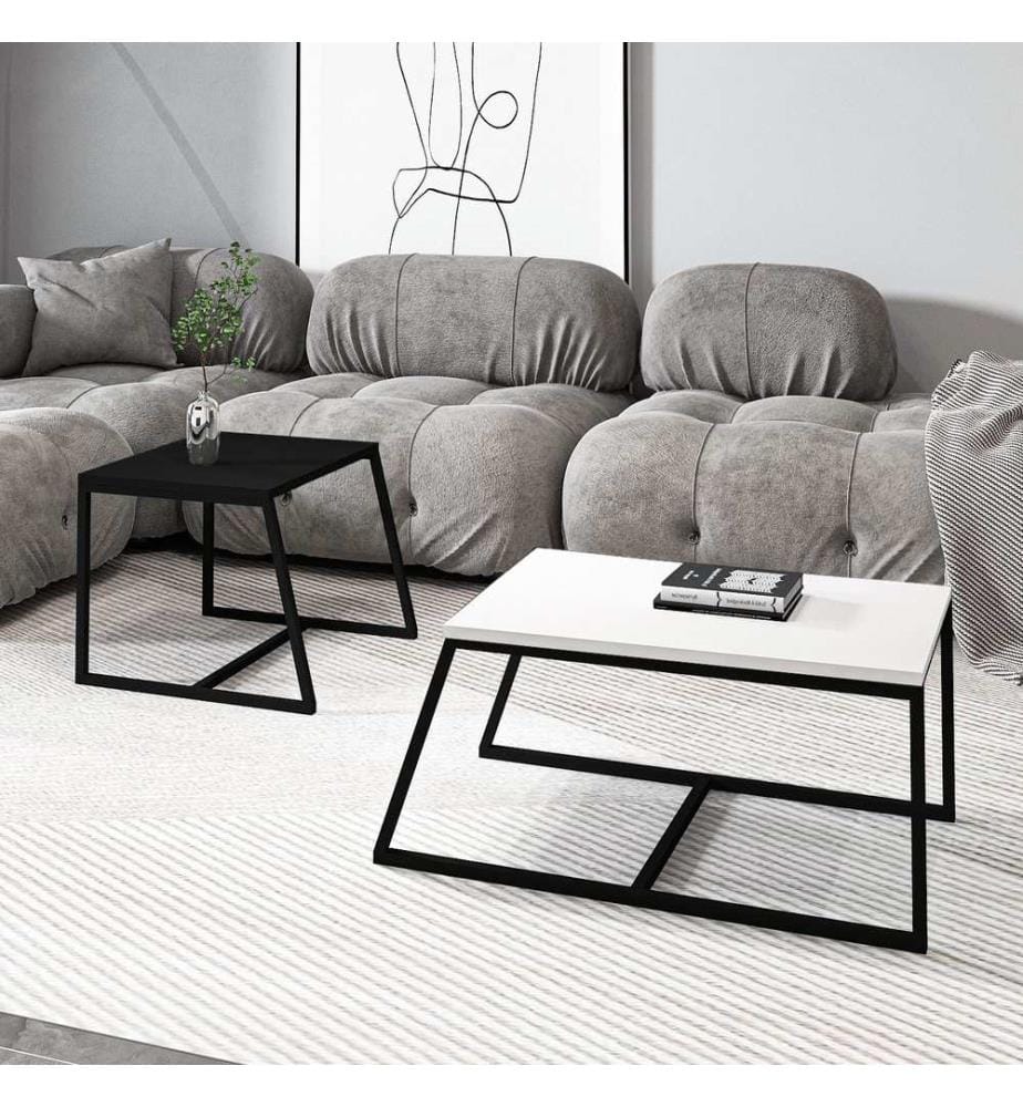 Ensemble table basse, panneau de particules 100 % mélaminé, blanc et noir