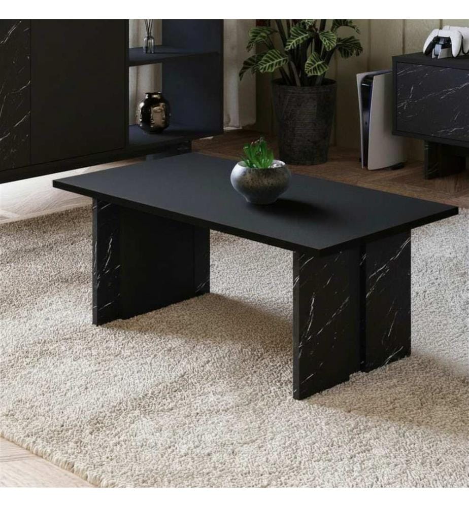 Table basse, panneau de particules 100 % mélaminé, noir, marbre