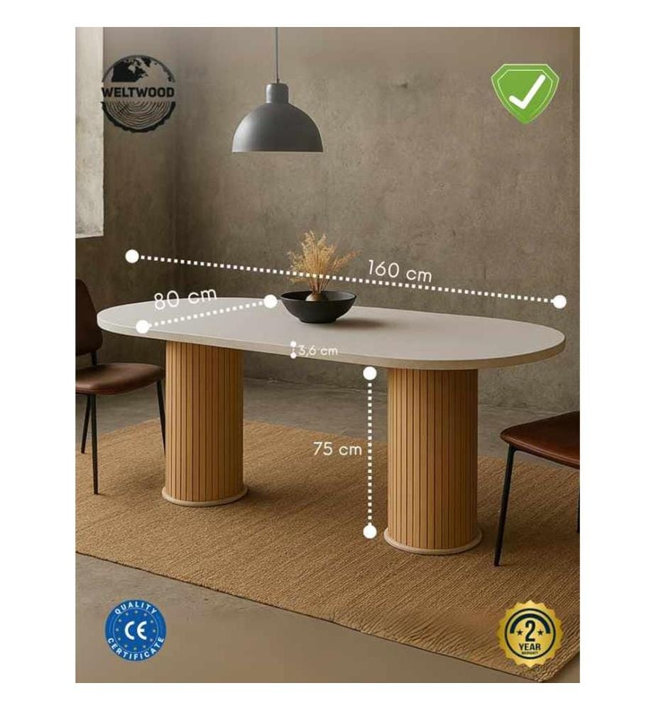 Esstisch, 100 % melaminbeschichtete Spanplatte, Weiss, Natur