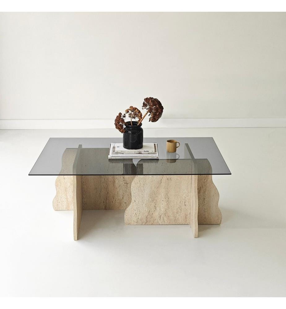 Couchtisch, 100 % gehärtetes Glas, Travertin, Rauchglas