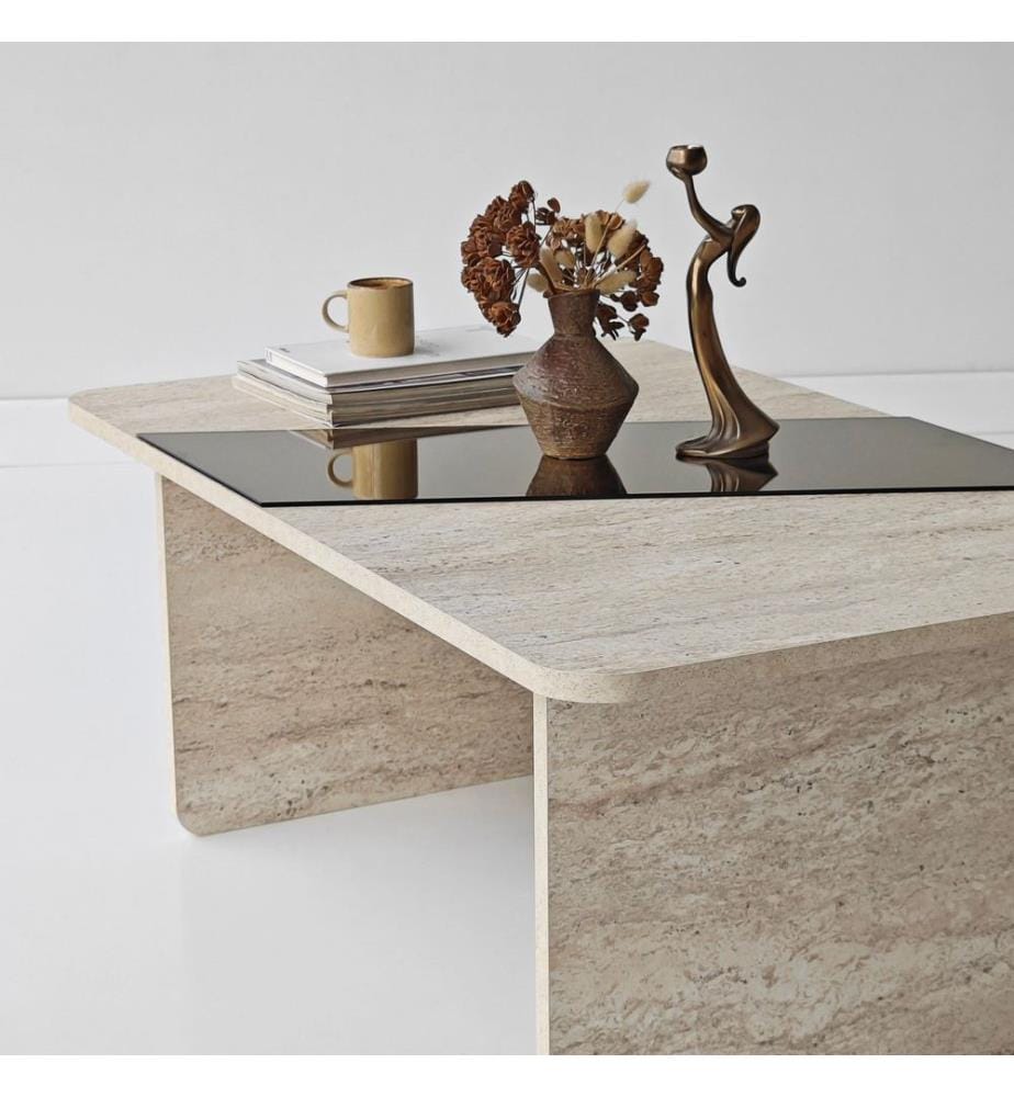Table basse, panneau de particules 100 % mélaminé, bronze, travertin