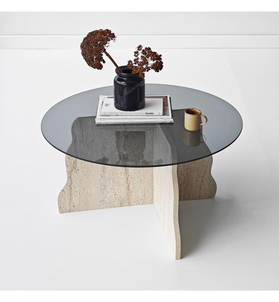 Table basse, 100 % verre trempé, travertin, fumé