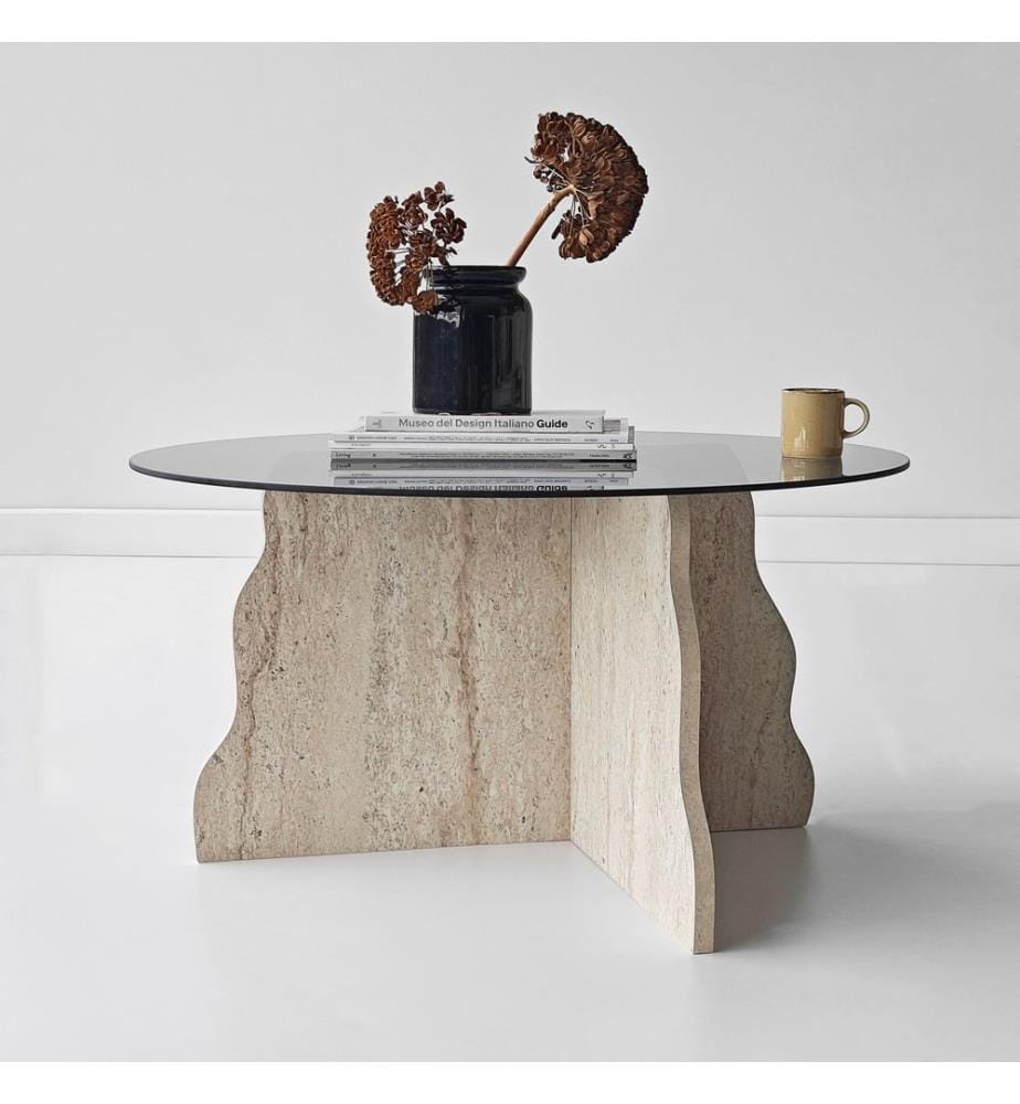 Table basse, 100 % verre trempé, travertin, fumé