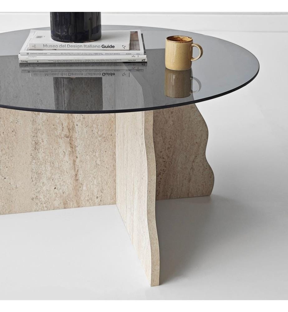 Table basse, 100 % verre trempé, travertin, fumé