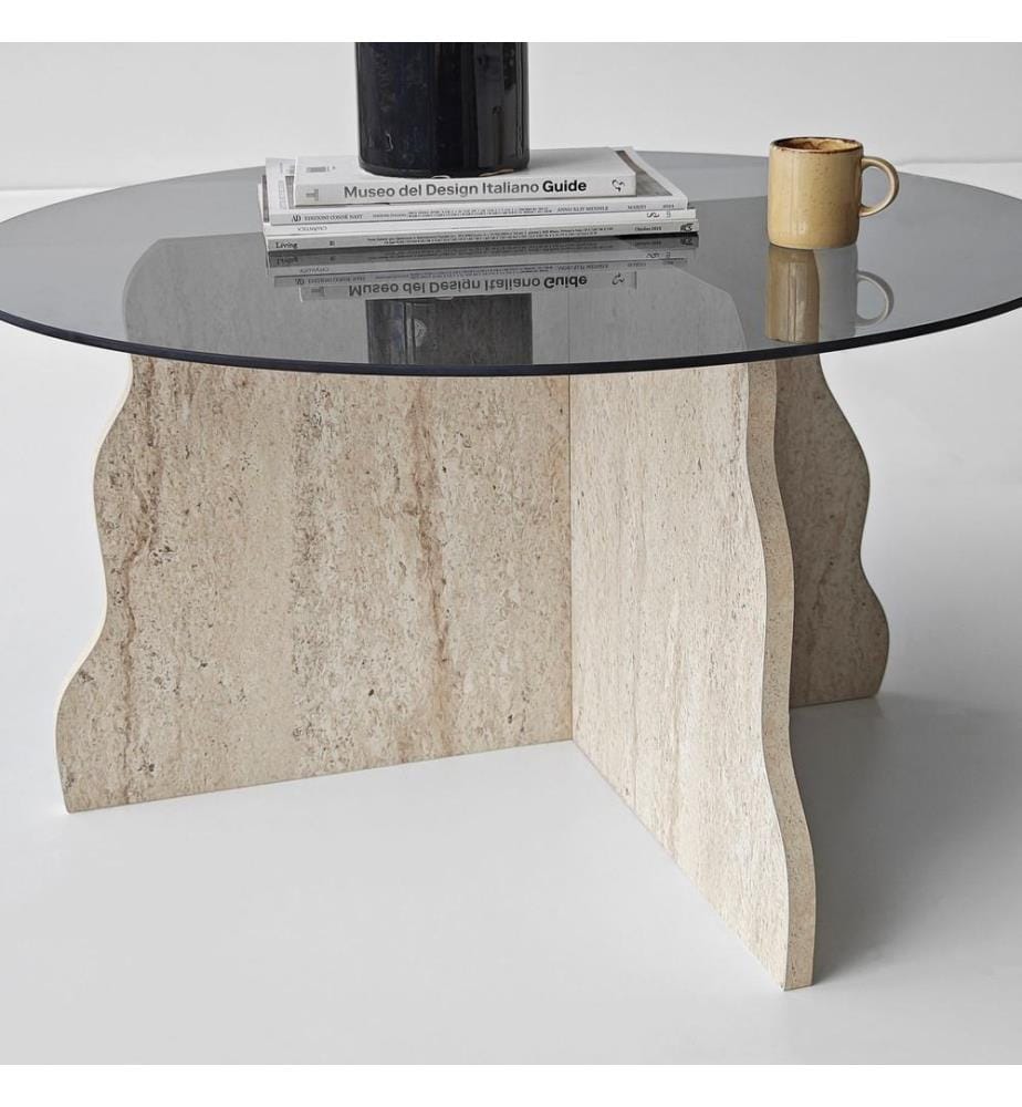 Table basse, 100 % verre trempé, travertin, fumé