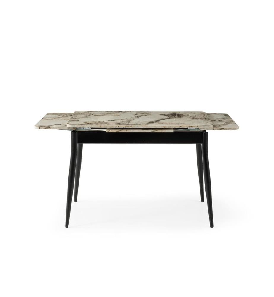 Table de salle à manger extensible, panneau de particules 100 % mélaminé, marbre blanc, noir