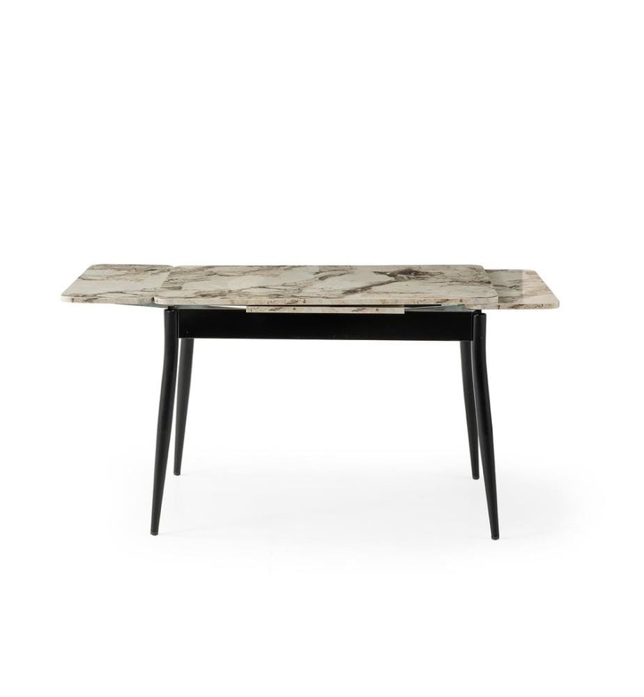 Table de salle à manger extensible, panneau de particules 100 % mélaminé, marbre blanc, noir