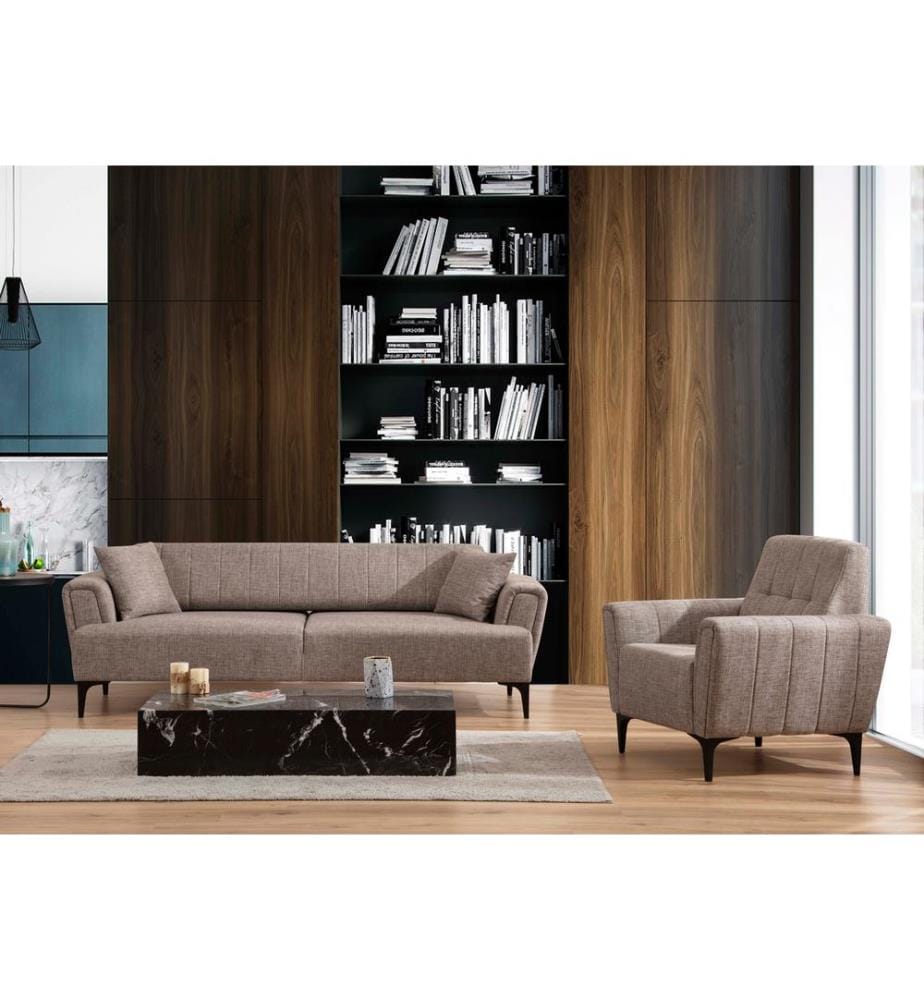 Hellbraun, Gestell: Buchenholz / Chipboard, Stoff: 100% Polyester, 3-Sitz Sofa-Bett