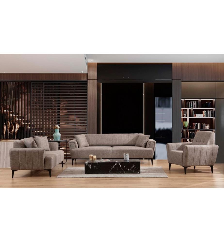 Hellbraun, Gestell: Buchenholz / Chipboard, Stoff: 100% Polyester, 3-Sitz Sofa-Bett