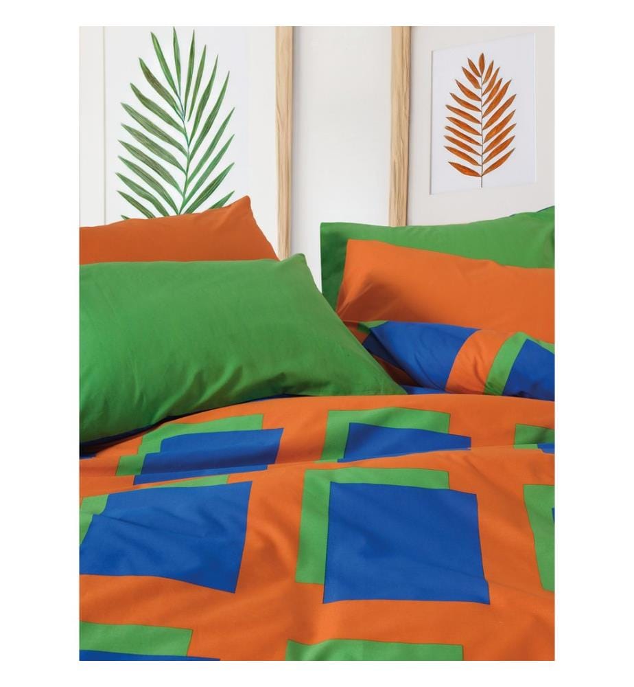 Ensemble housse de couette simple Ranforce, bleu, vert, orange, 100 % COTON RANFORCE