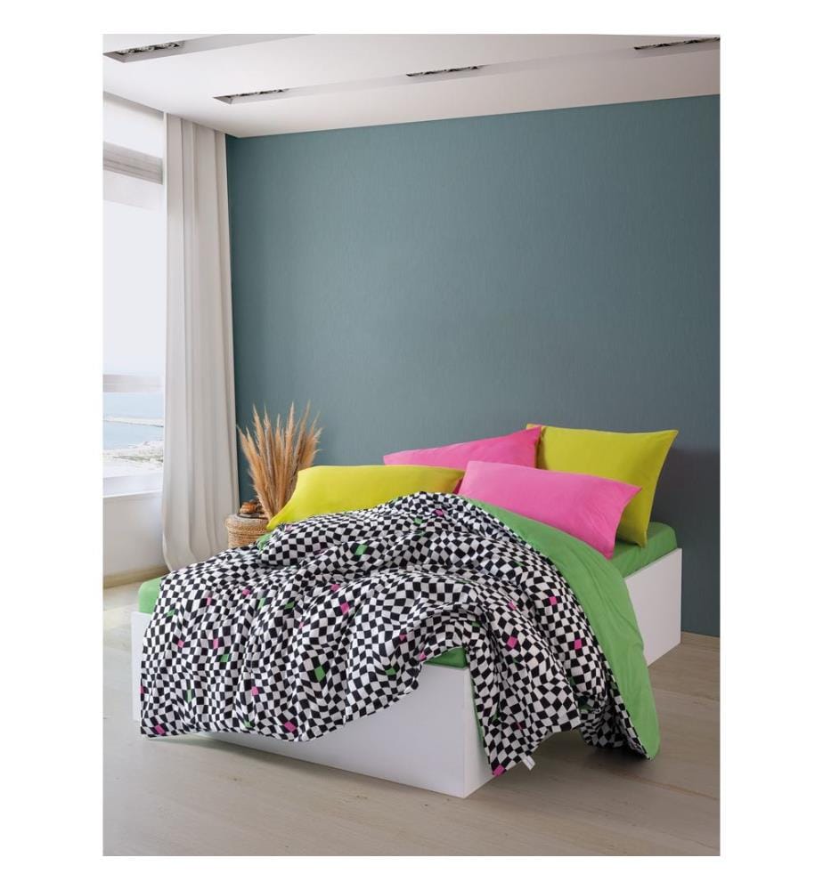Ensemble de housse de couette Ranforce King, vert, blanc, noir, 100 % COTON RANFORCE
