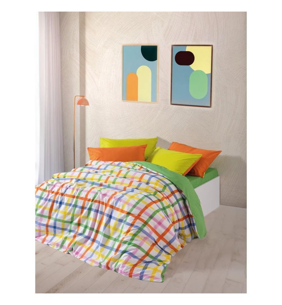 Ensemble housse de couette Ranforce Super King, vert, blanc, orange, bleu, jaune, 100 % COTON RANFORCE