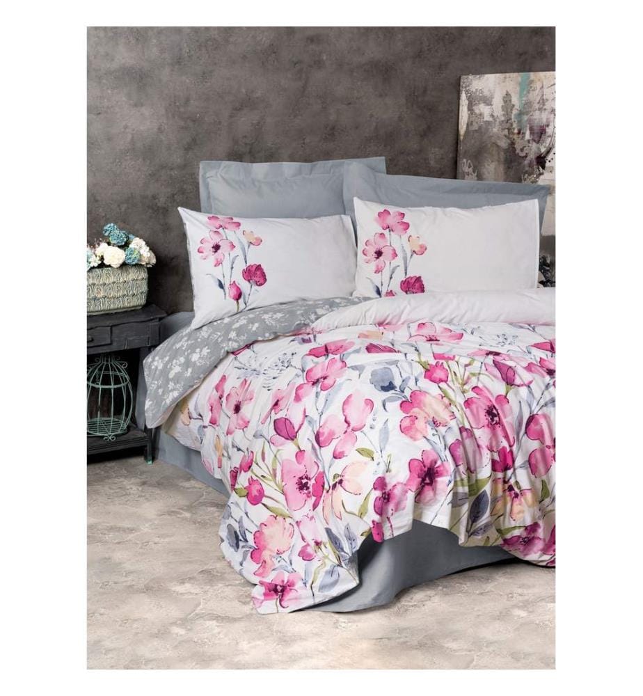 Ensemble housse de couette simple Ranforce, gris, blanc, rose, 100 % COTON RANFORCE