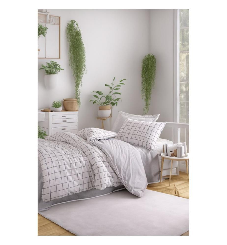 Ensemble housse de couette simple, gris, blanc, 65 % COTON / 35 % POLYESTER