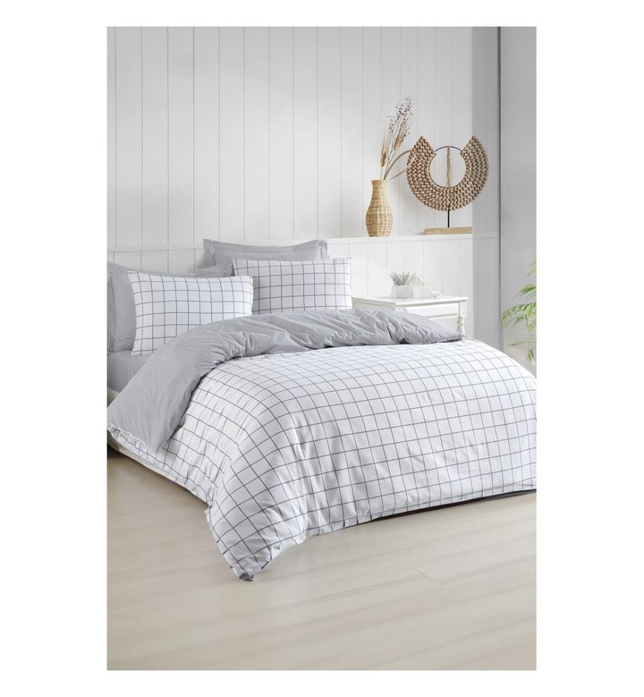 Ensemble de housse de couette super king, gris, blanc, 65 % COTON / 35 % POLYESTER