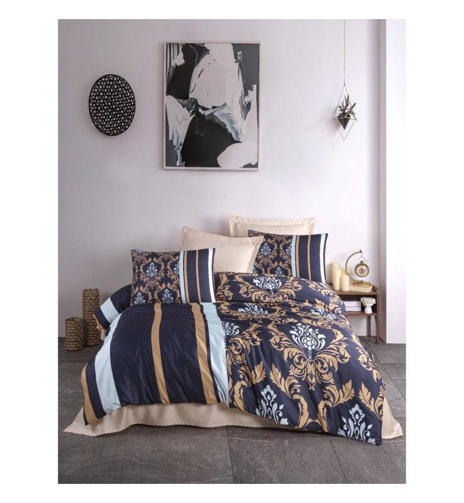 Ensemble housse de couette king size, bleu foncé, doré, blanc, 100 % POLYESTER MICROSATIN