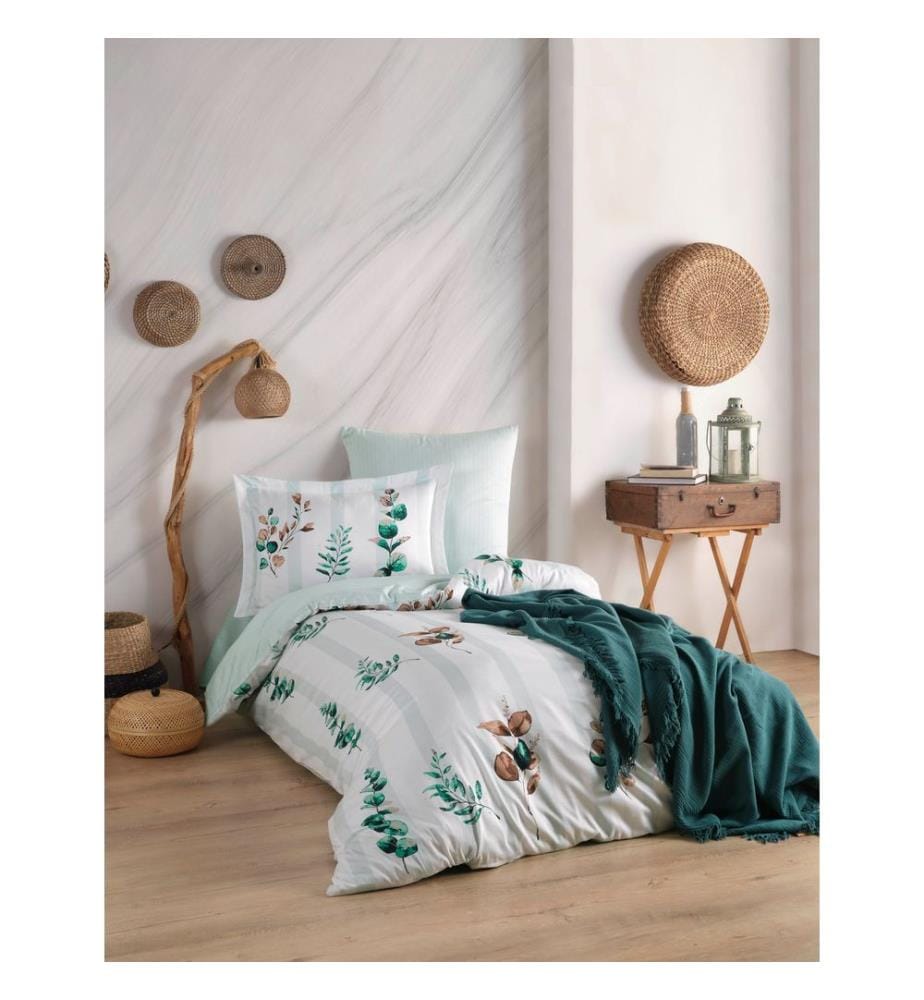Ensemble housse de couette simple en satin, vert, blanc, 100 % COTON SATIN