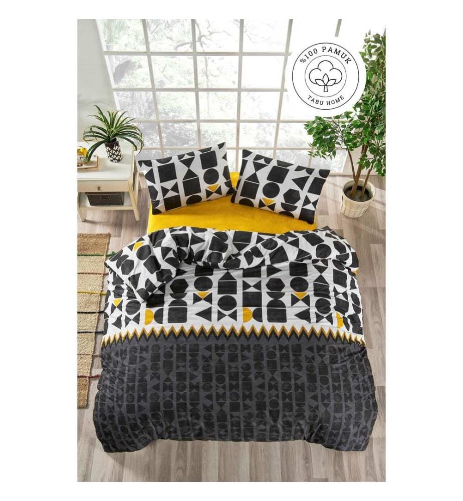 Ensemble housse de couette simple Ranforce, noir, jaune, blanc, 100 % COTON RANFORCE
