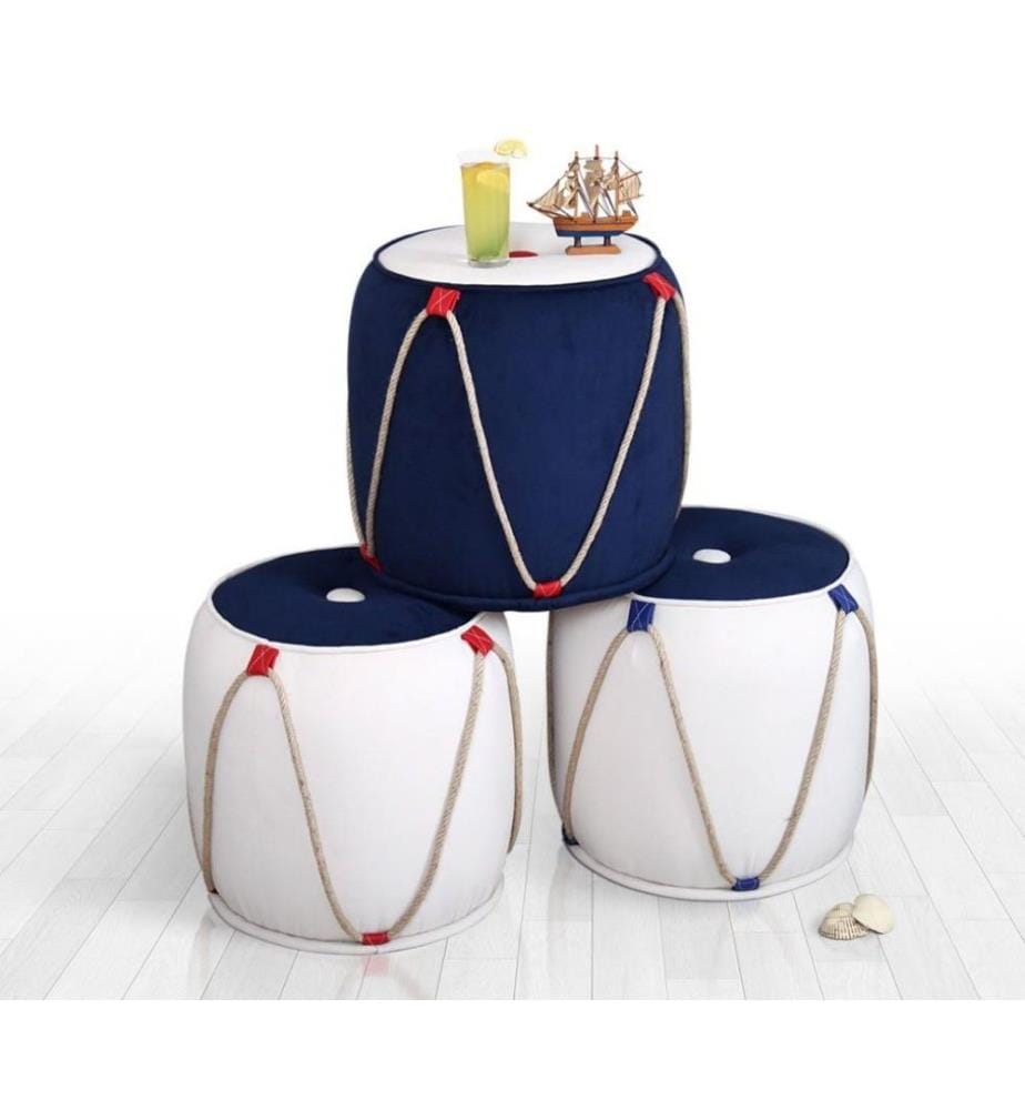 Pouf, Blu, Bianco, 50% Cotone / 50% Velluto
