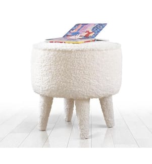 Pouf, bianco, pelliccia sintetica, gambe in legno