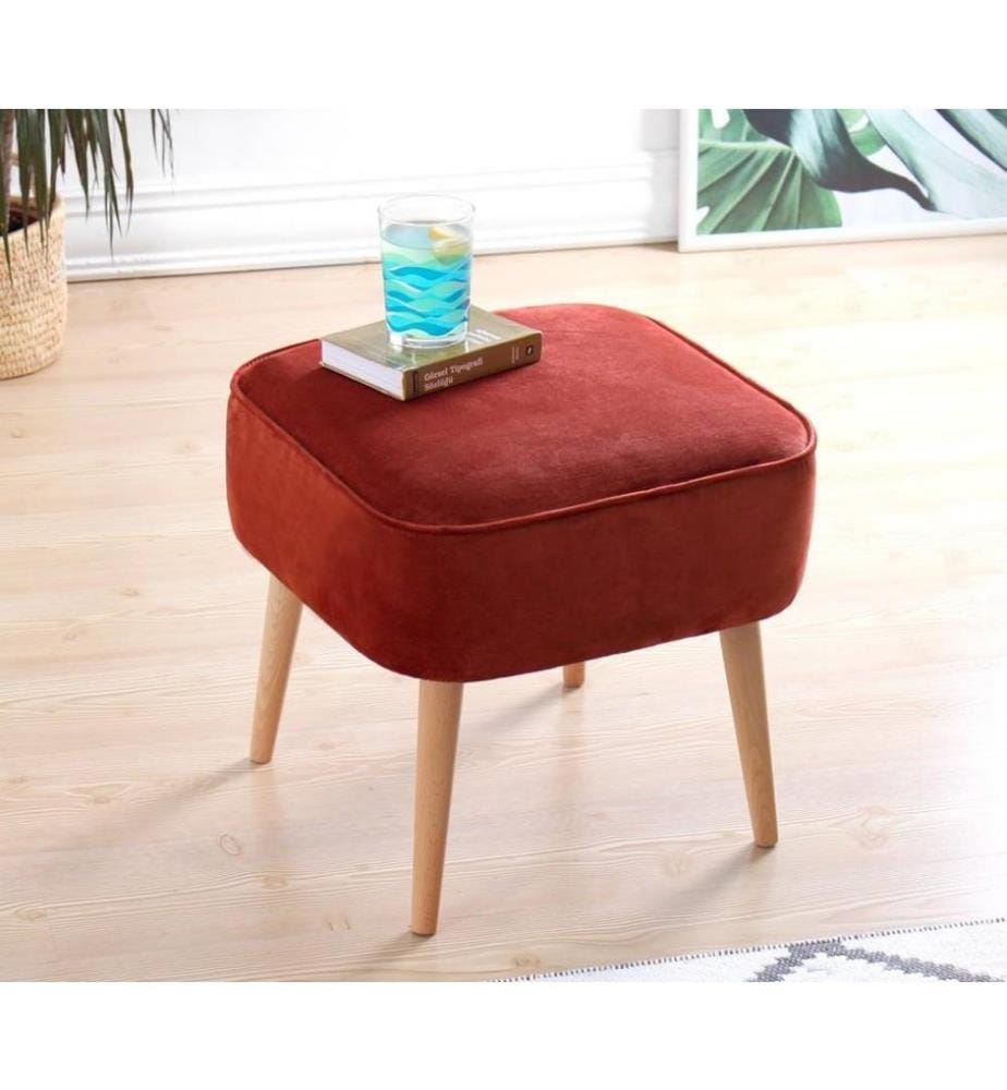 Pouf, rosso mattone, velluto, gambe in legno