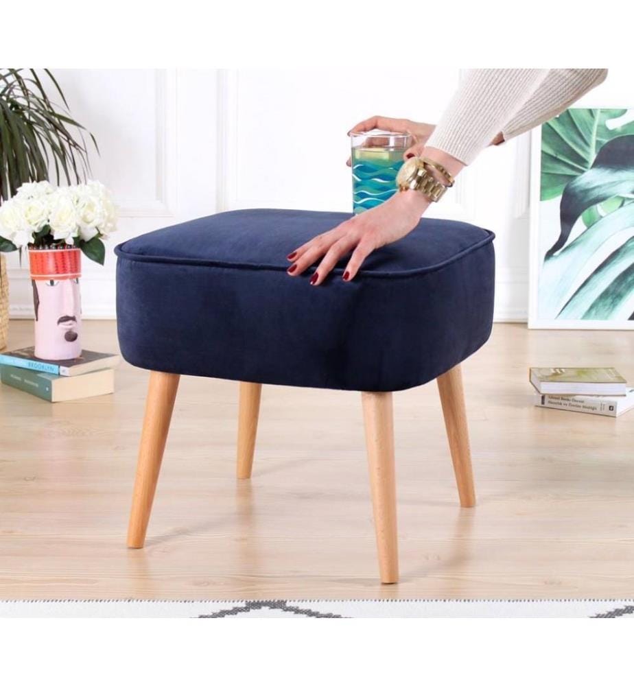 Pouf, blu navy, velluto, gambe in legno
