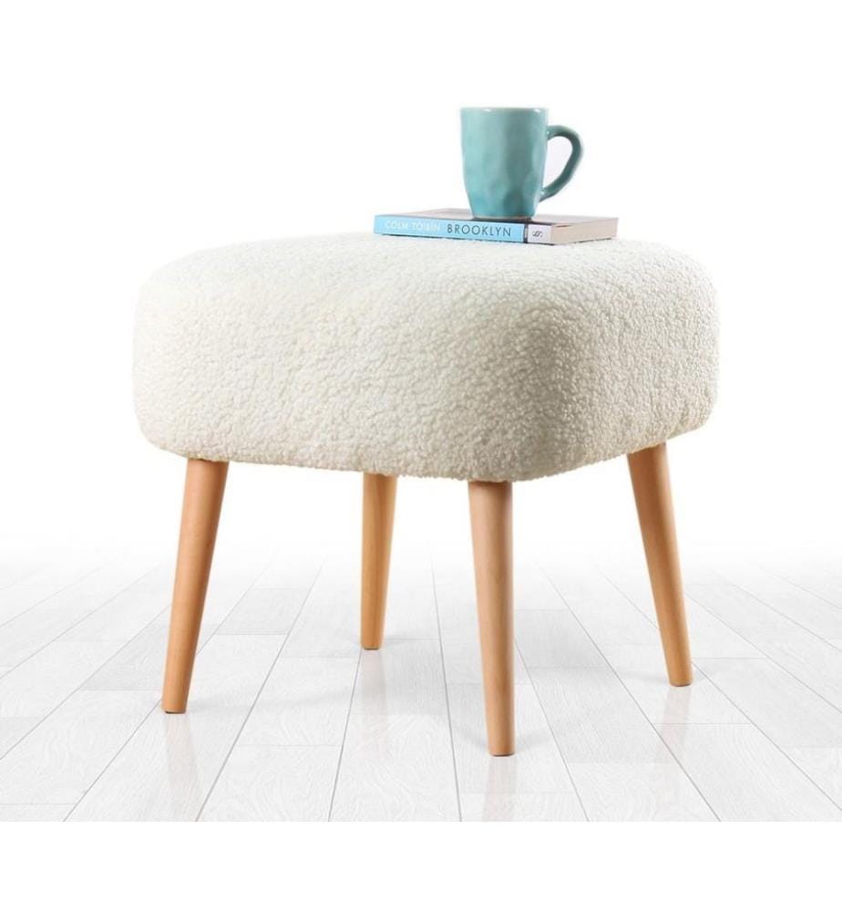 Pouf, weiss, Kunstfell, Holzbeine