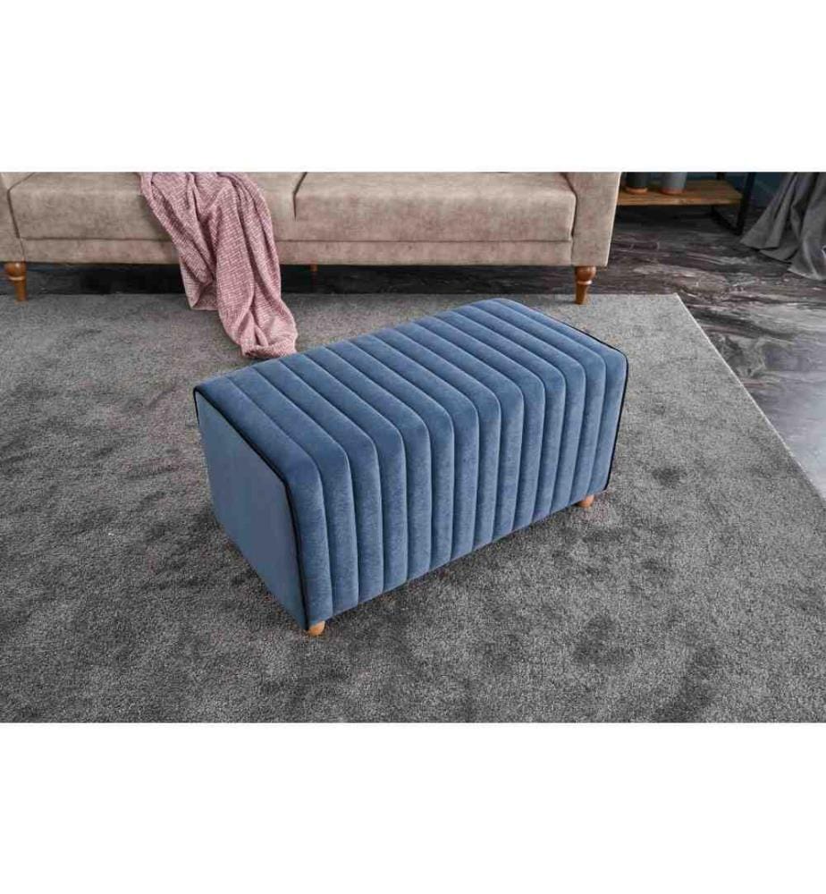 Pouf, bleu, polyester et velours, corps en bois
