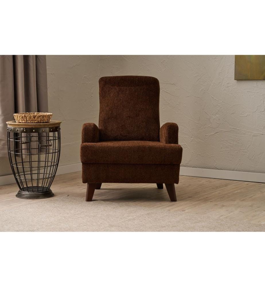 Wing Chair, Brown, FRAME: SOLID WOOD, Fabric: 100% POLYESTER (Chenille Textured Fabric), Plastic Legs