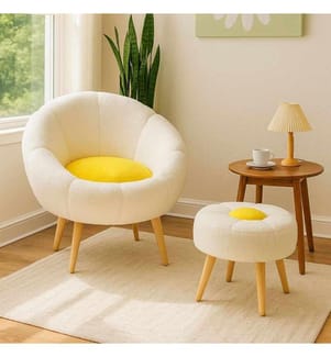 Set composto da poltrona a orecchioni e tavolino, 2 pezzi, in pannello di particelle rivestito in melamina al 100%, bianco e giallo.