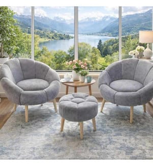 Set composto da poltrona a orecchioni e pouf, 3 pezzi, in pannello di particelle rivestito in melamina al 100%, grigio.