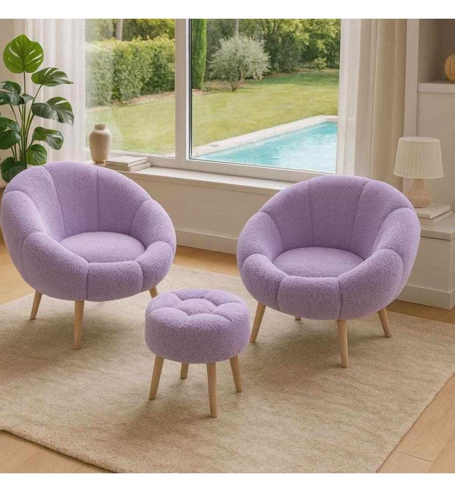 Ohrensessel- und Hocker-Set, 3-teilig, 100 % melaminbeschichtete Spanplatte, Flieder