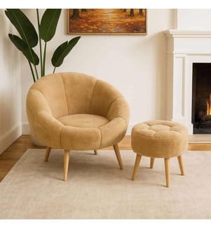 Set composto da poltrona a orecchioni e pouf, 2 pezzi, in pannello di particelle rivestito in melamina al 100%, marrone.
