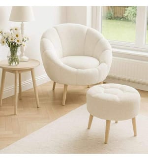Set composto da poltrona a orecchioni e pouf, 2 pezzi, in pannello di particelle rivestito in melamina al 100%, bianco.