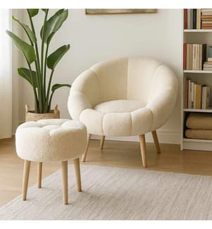 Set composto da poltrona a orecchioni e pouf, 2 pezzi, in pannello di particelle rivestito in melamina al 100%, color crema.