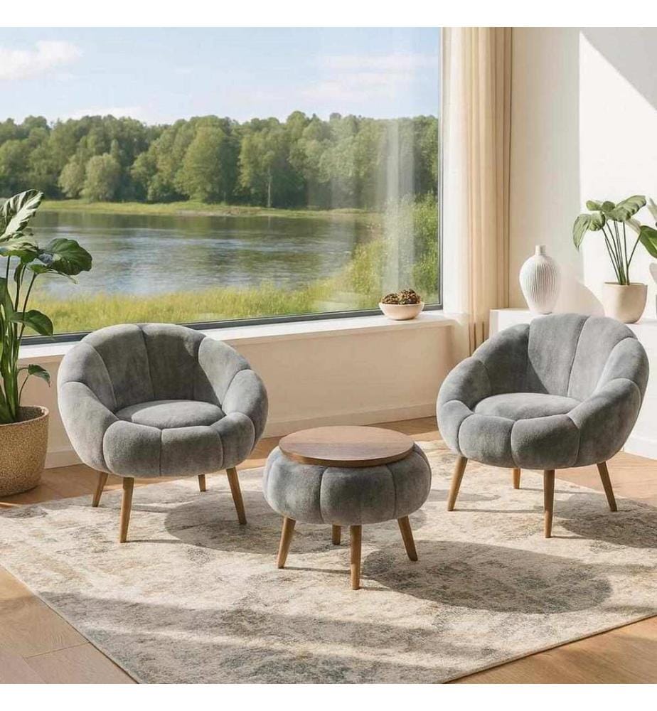 Ohrensessel- und Couchtisch-Set, 3-teilig, 100 % melaminbeschichtete Spanplatte, Grau