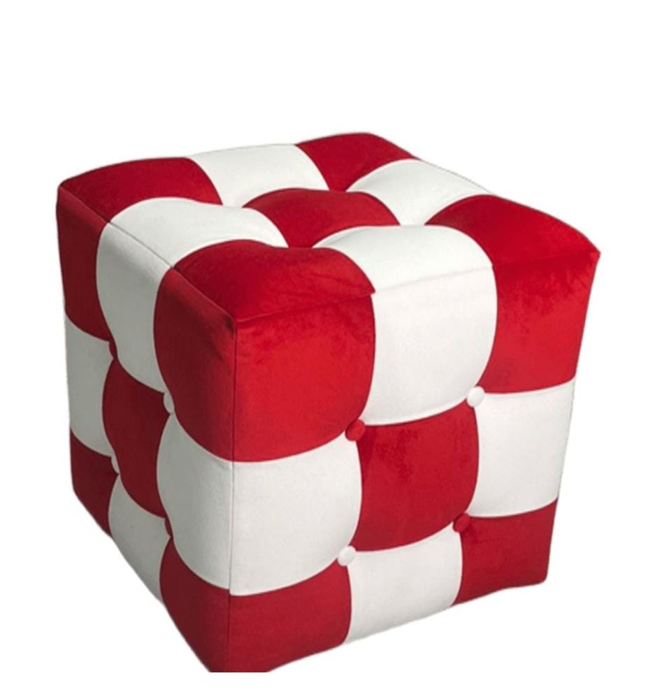 Pouf en bois de ronce et panneaux de particules mélaminés, rouge et blanc.