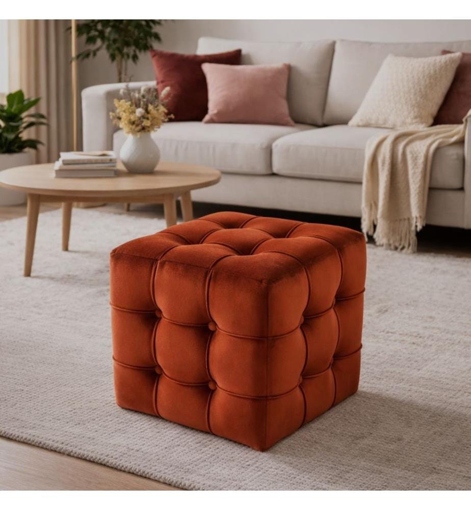 Pouf en bois de ronce et panneaux de particules mélaminés, orange