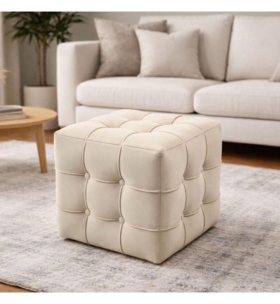 Pouf, Hornbuchenholz / melaminbeschichtete Spanplatte, Creme