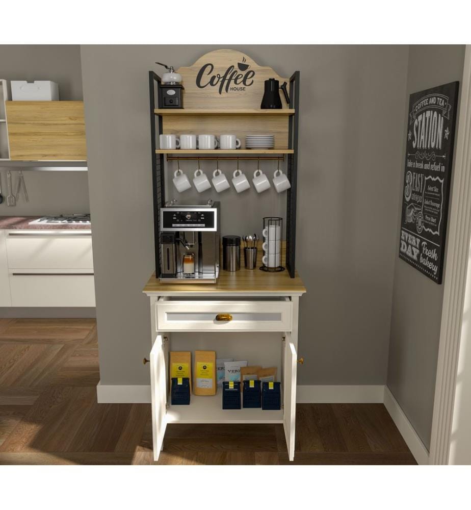 Coffee Bar Cabinet, Cream, Oak, Black, 100% MELAMINE COATED PARTICLE BOARD