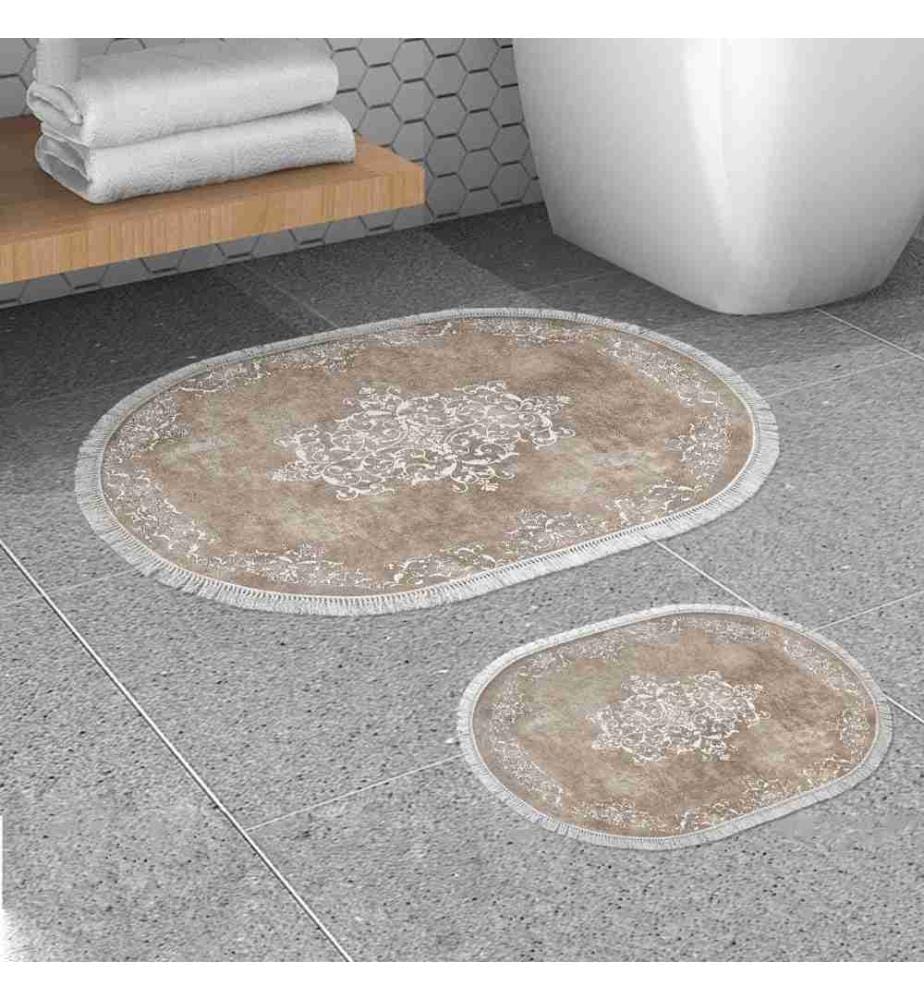 Bathmat Set, 2 Pieces, Beige, White, Polyester, 850 gr-m²