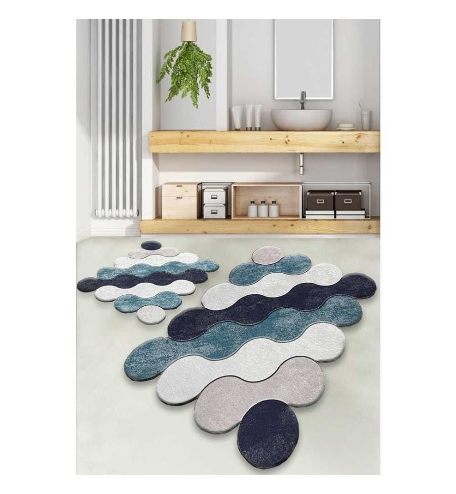 Bathmat Set, 2 Pieces, Blue, Dark Blue, White, Beige, Polyester, 10 mm Pile Height