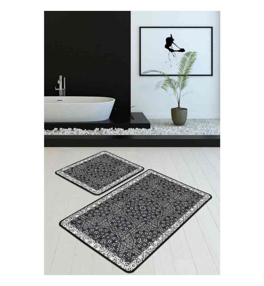Bathmat Set, 2 Pieces, Black, Anthracite, White, Velvet Fabric, 10 mm Pile Height