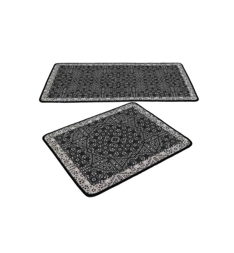 Bathmat Set, 2 Pieces, Black, Anthracite, White, Velvet Fabric, 10 mm Pile Height
