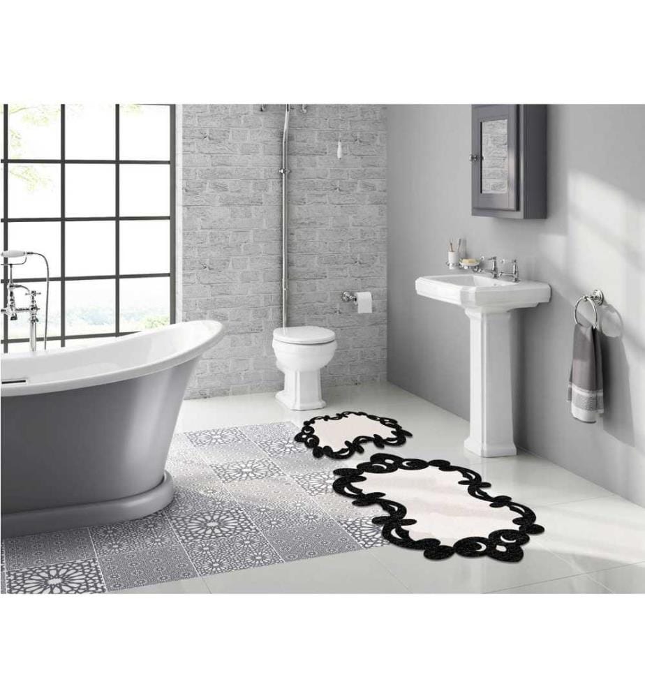 Bathmat Set, 2 Pieces, Black, White, Polyester, 1300 gr-m²