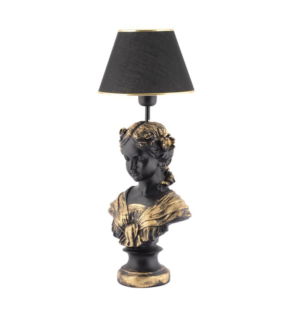 Lampe de table, noir, or, corps en polyester, capuchon en tissu