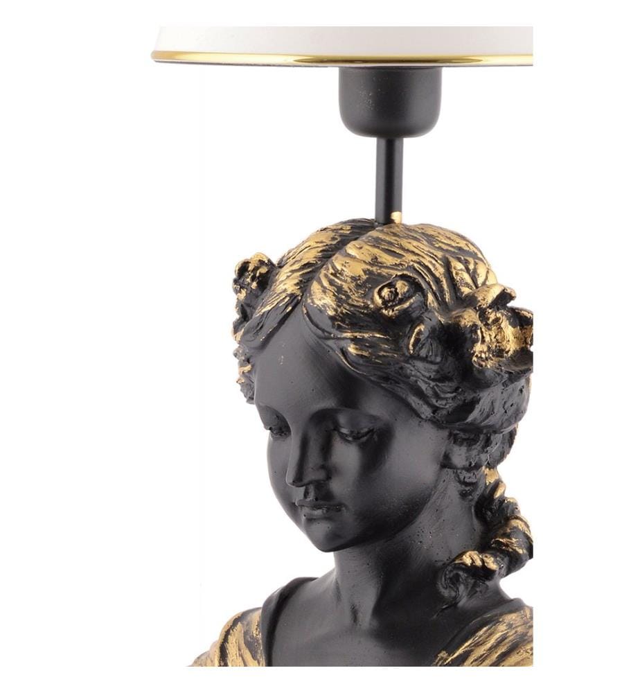 Lampe de table, blanc, noir, or, corps en polyester, capuchon en tissu